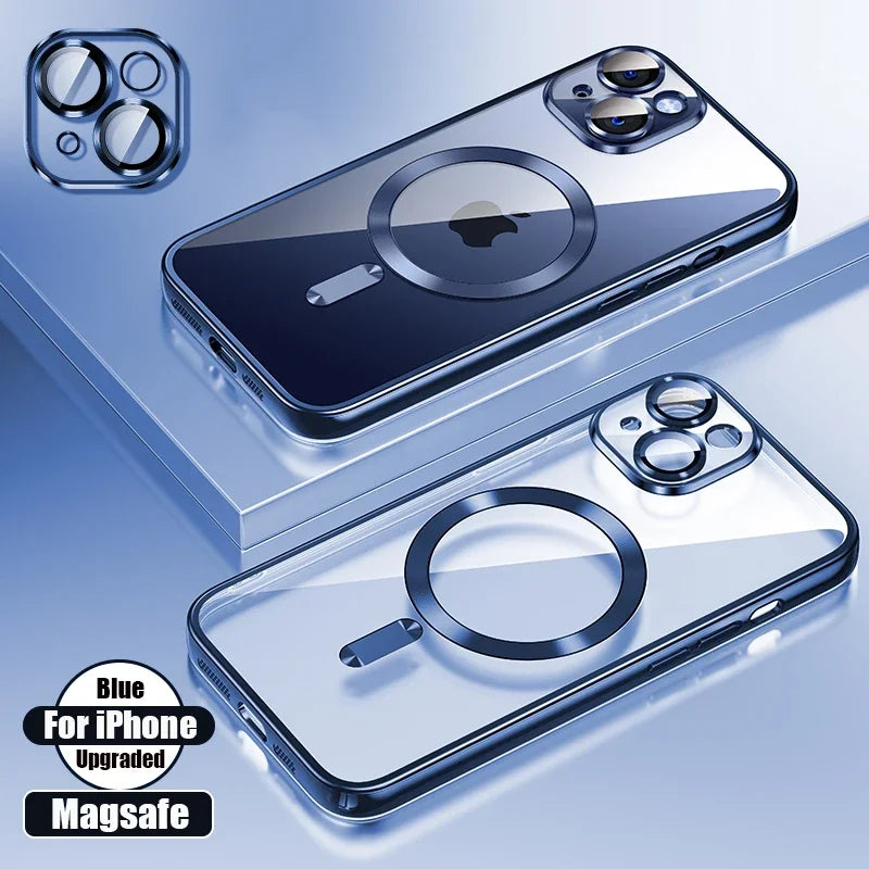 Clear Plating Ultrathin Silicone Case for Iphone 16 15 14 13 12 11 Pro Max 16 plus Magsafe Magnetic Lens Film Protect Cover Pink